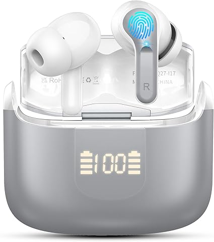 Read more about the article Wireless Earbud Bluetooth 5.3 Headphones, Hi-Fi Stereo Ear Buds with 4 ENC Cancelling Mics, 40H in-Ear Earphones IP7 Waterproof Sports, LED Display, Mini Headset for Laptop Pad TV Android/iOS, Grey