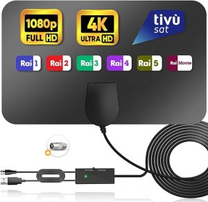 Powerful Amplified Indoor TV Antenna – Digital Terrestrial TV Antenna with 500km Reception Distance, Portable Indoor Antenna Support 4K / 1080P HDTV, with 5m Copper Cable – Black