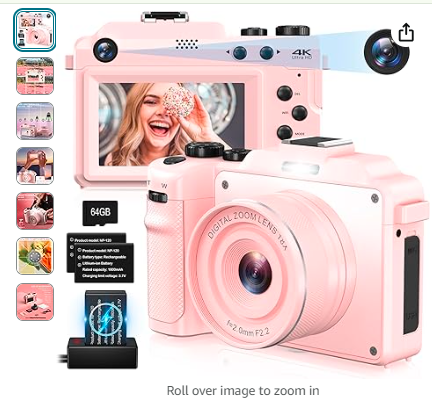 Read more about the article Cameras for Photography,4K Pink Digital Camera Anti-Shake 64MP Compact Vlogging Camera with 18X Zoom,Travel Autofocus,Point and Shoot Camera with 64GB TF Card,2 Batteries,Dual Charger for Beginner