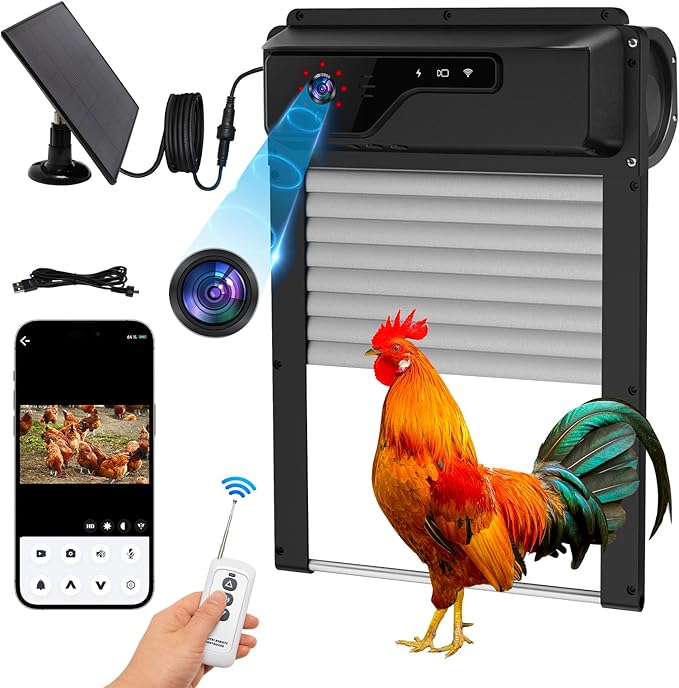 Read more about the article Automatic Chicken Coop Door with WiFi HD1080P Camera,Auto Solar Chicken Coop Door Opener with Timer, APP Remote Control, 5000mA Battery, Night Vision, Alarm Drive (Black, 13in*9.4in*6.2in)