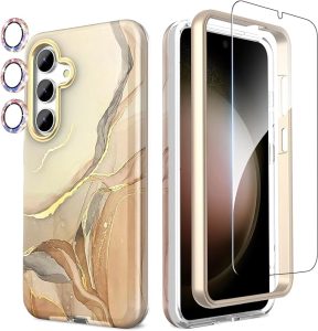 Designed for Samsung Galaxy S24 Plus Case, with Shiny Camera Cover & Screen Protector, Fade-Proof Chic Pattern, Shockproof Protective, Stylish Phone Cover for S24 Plus, Beige