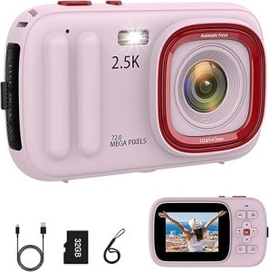 Digital Camera 72MP 2.5K Compact Point and Shoot Camera, 16X Zoom Auto Focus, Vintage Camera for Kids with 32GB Card – Ideal Retro Camera Gift for Teens, Students, Boys, Girls, Kids,Pink